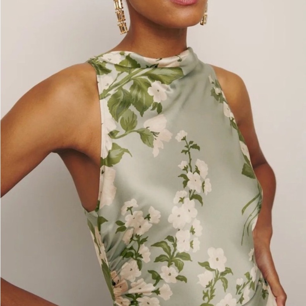 Reformation Anaiis Silk Dress in Taragon Green - Picture 2 of 8